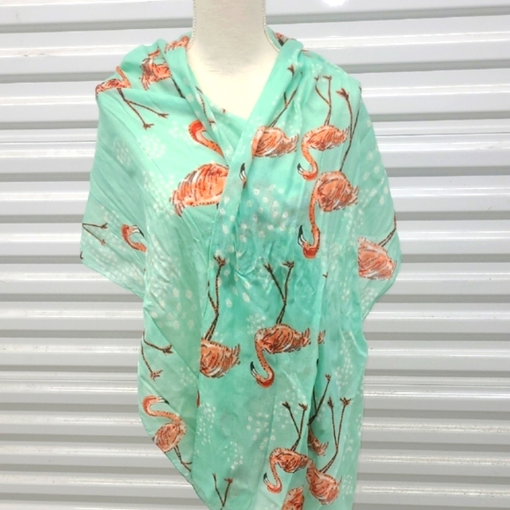 Scarf Wrap Sarong Pastel Green Pink Flamingo Print Coastal Cool Resortwear